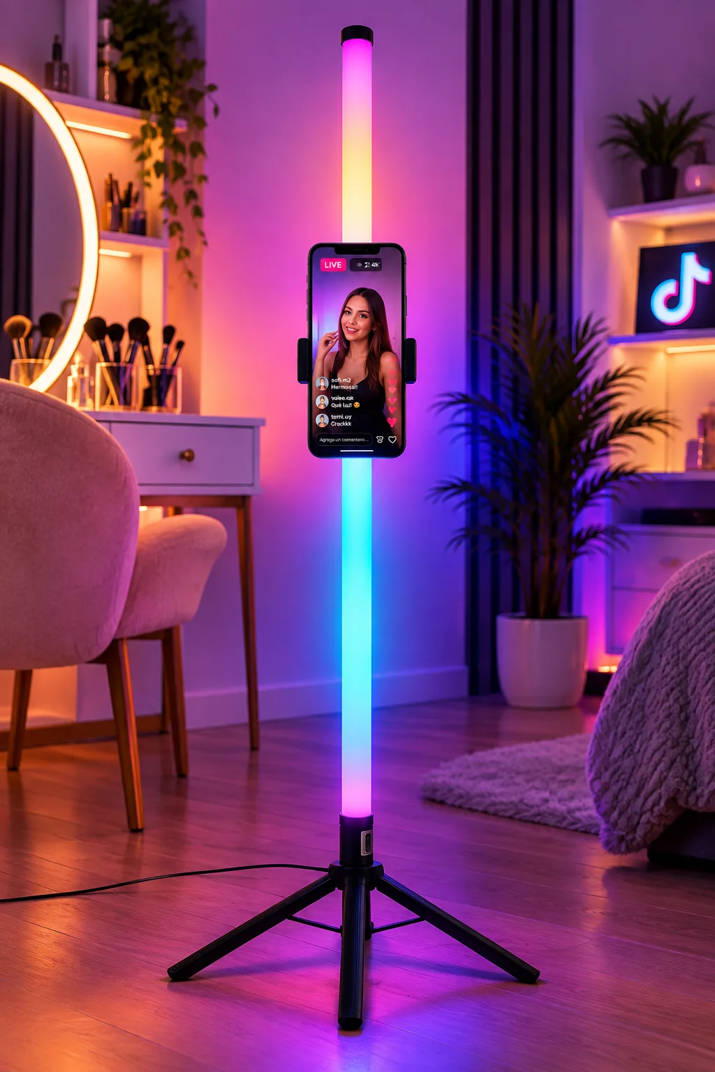 Palo Live encendido en colores RGB con el celular montado, listo para un live